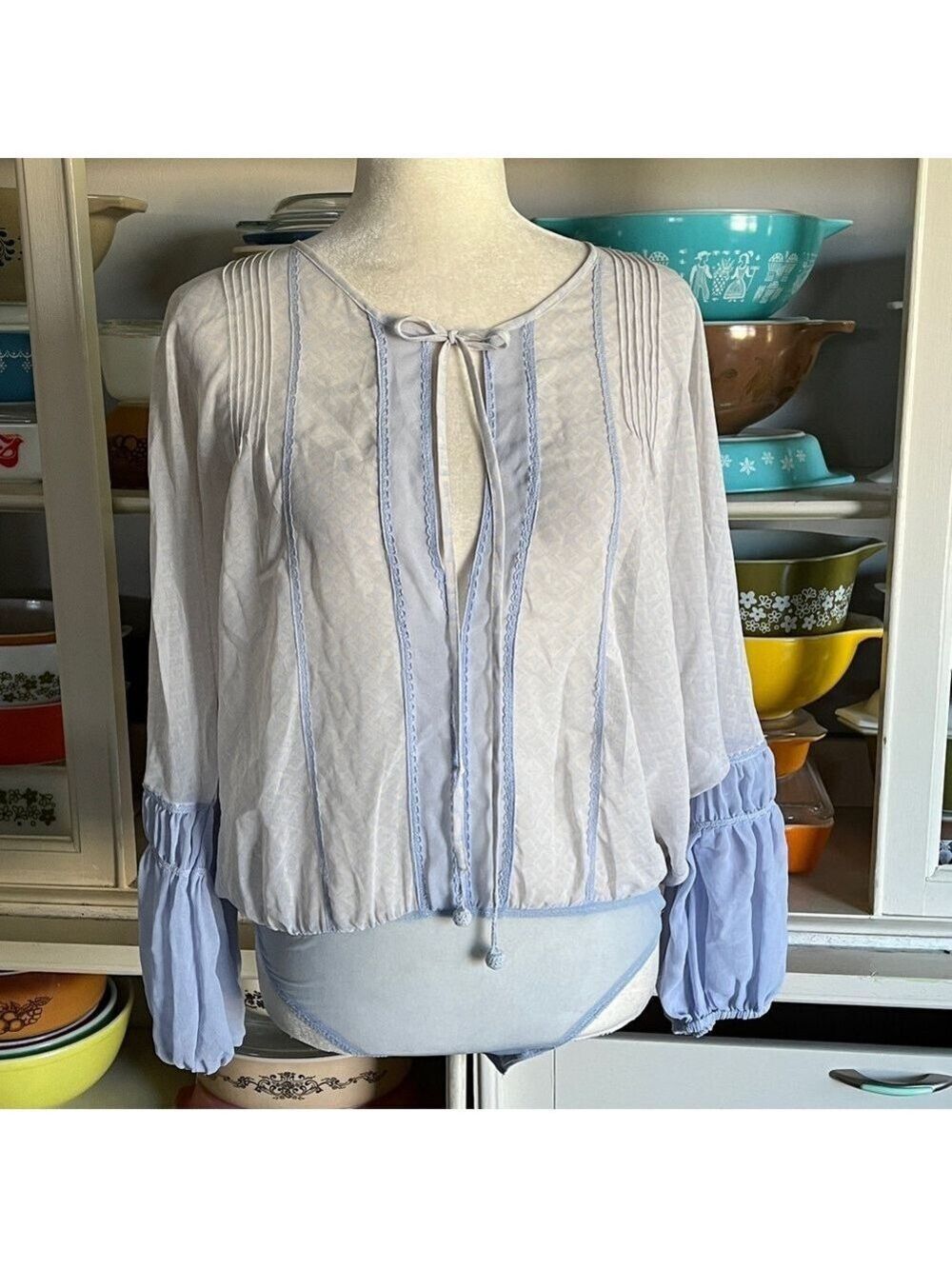 Free People Blue Sheer Bodysuit - Size XS
